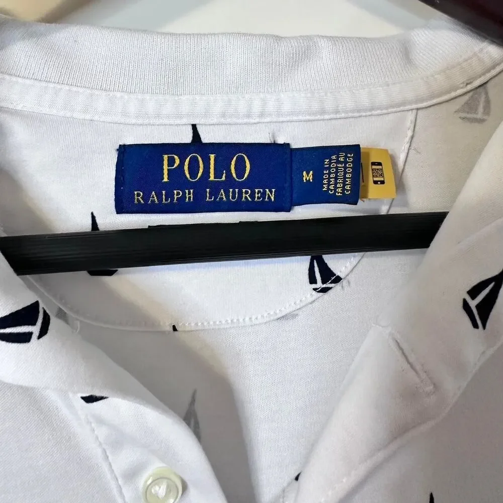 Polo Ralph Lauren Nautical Style Sailboat Print Polo White w/ Navy Blue Sz Med